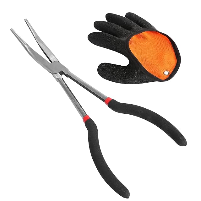 Pince de pêche coudée DELAESI de 28 cm avec gant main droite