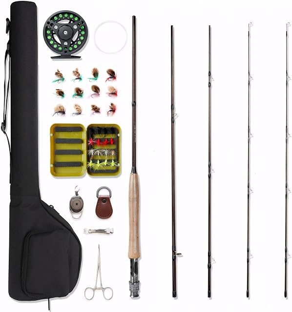 Ensemble de départ canne à mouche quatre brins et moulinet NetAngler avec son jeu de mouches