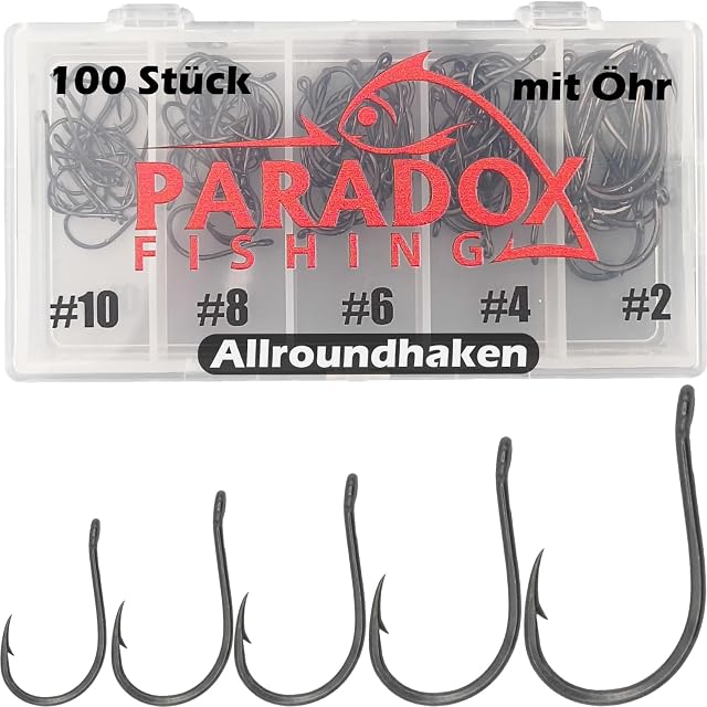 Coffret de 100 hameçons de pêche à œillet Paradox Fishing en cinq tailles