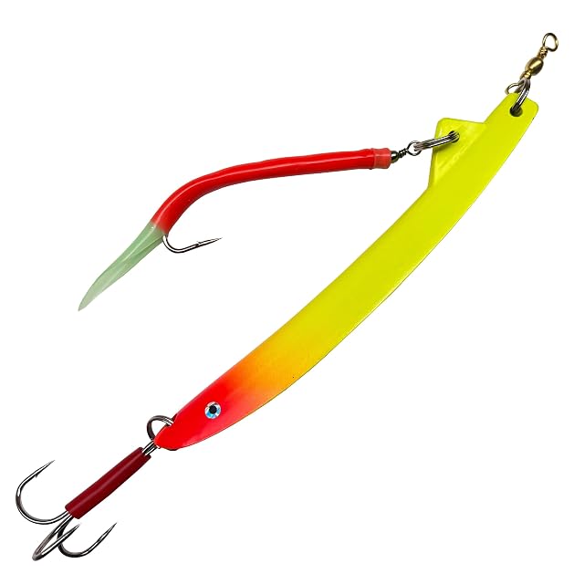 Pilker banane en zinc sans plomb Mega Fishing MF Bergmann avec makk caoutchouc fluorescent