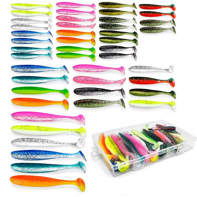 Coffret de 46 shads souples Lechengjia en trois tailles avec boîte de rangement