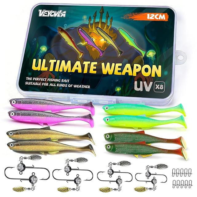Coffret de shads souples VEYCVLA de 12 cm avec têtes plombées à palette et boîte